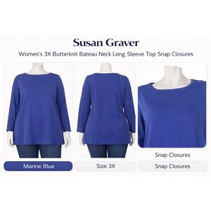 Susan Graver Womens 3X Butterknit Bateau Neck Long Sleeve Top Marine Blue 216900